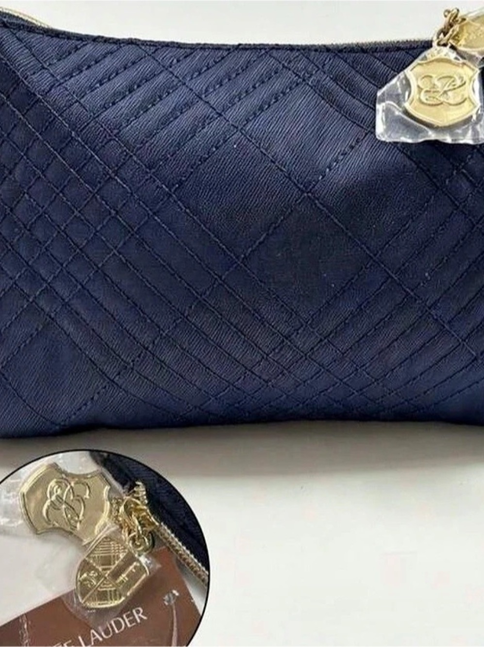 ESTEE LAUDER Quilted Cosmetic Pouch in Blue & Brown NWT